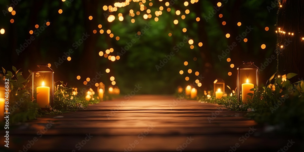 Pathway illuminated by glowing lanterns and fairy lights in a serene wooded setting. Pathway illuminated by glowing lanterns and fairy lights in a serene wooded setting.