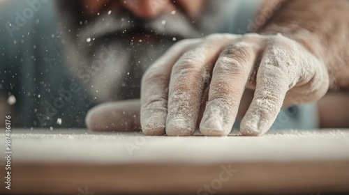 A detailed capture of a carpenter's dusty hand smoothing out a rough wooden surface in the workshop, emphasizing the artistry and technique in the field of woodworking.