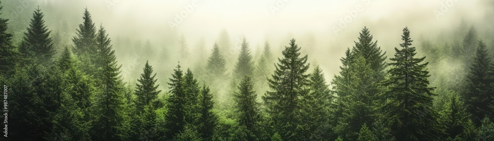 Misty Morning in Evergreen Forest with Dense Fog and Lush Green Pine Trees Misty Morning in Evergreen Forest with Dense Fog and Lush Green Pine Trees
