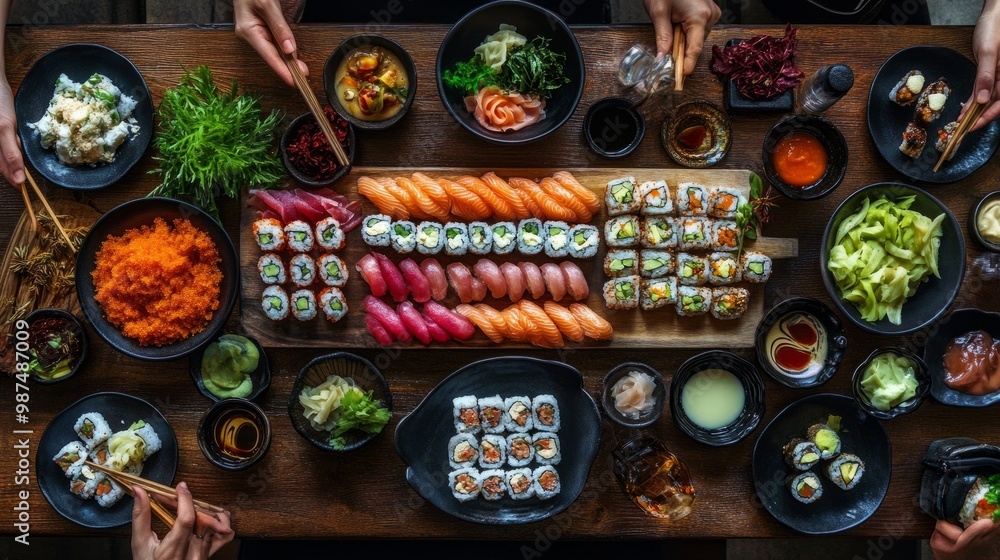 Fototapeta premium An overhead view of a sushi bar table with colorful rolls, nigiri, miso soup, and sake, offering a full traditional Japanese dining experience.