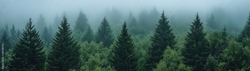 Misty Forest Landscape with Dense Evergreen Trees and Foggy Atmosphere in Early Morning Light Misty Forest Landscape with Dense Evergreen Trees and Foggy Atmosphere in Early Morning Light