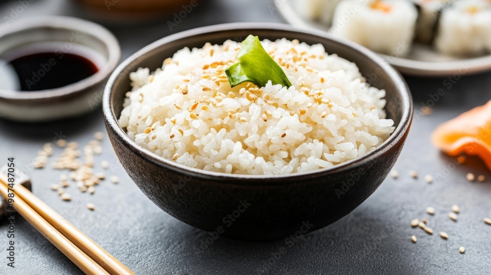 Fluffy sushi rice served with sesame seeds and soy sauce in a simple yet elegant presentation, ready for a variety of sushi creations. Fluffy sushi rice served with sesame seeds and soy sauce in a simple yet elegant presentation, ready for a variety of sushi creations.