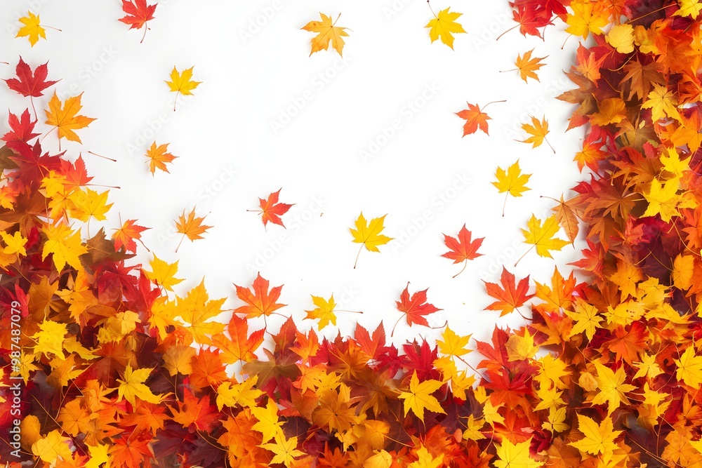 Maple leaves in orange, yellow, red scatter across a white background, autumn beauty Maple leaves in orange, yellow, red scatter across a white background, autumn beauty