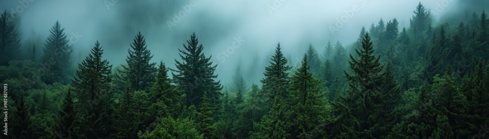 Misty Forest Landscape with Dense Evergreen Trees and Atmospheric Fog Misty Forest Landscape with Dense Evergreen Trees and Atmospheric Fog