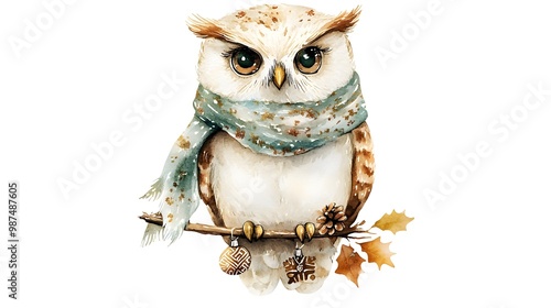 Boho Christmas owl with festive decorations including a cozy scarf and rustic charms. The owl is rendered in gentle, earthy hues like pale olive, cream, and soft gold, and is isolated on a white  photo