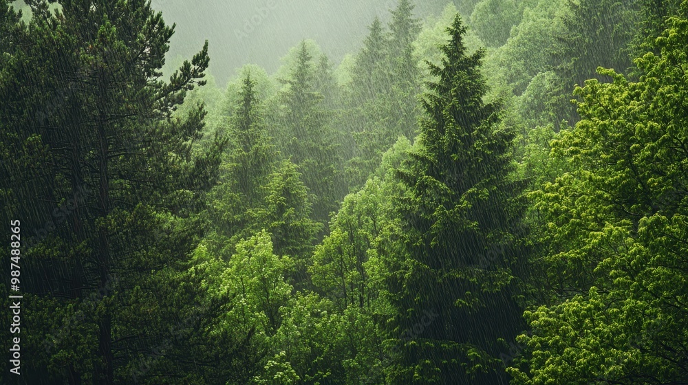 Fototapeta premium Lush Green Forest in Heavy Rain with Dense Evergreen Trees and Misty Atmosphere