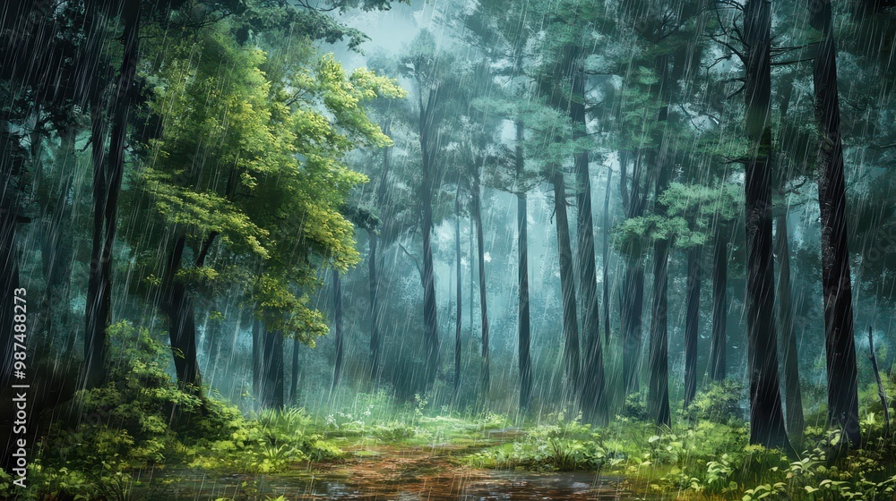 Serene Rainy Forest Landscape with Lush Greenery and Tall Trees in a Misty Atmosphere Serene Rainy Forest Landscape with Lush Greenery and Tall Trees in a Misty Atmosphere