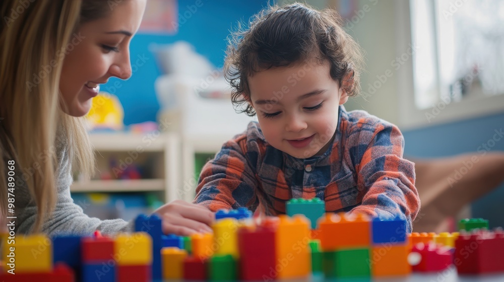 Child with Autism Engaged in Colorful Playtime Child with Autism Engaged in Colorful Playtime