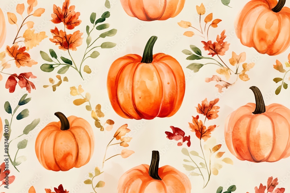 A painting of pumpkins and leaves with a fall theme. The pumpkins are orange and the leaves are green A painting of pumpkins and leaves with a fall theme. The pumpkins are orange and the leaves are green