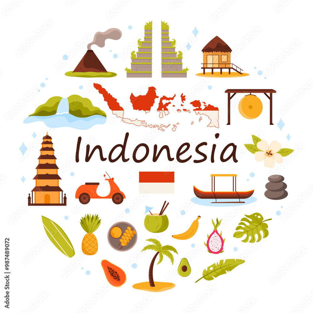 Travel to Indonesia set, culture elements and Hindu temple, landmarks ...