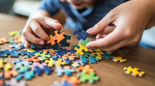 Child Engaged in Puzzle Activity with Supportive Adult