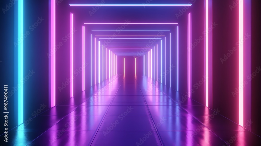 A long, glowing hallway lit with neon pink and blue lights. A long, glowing hallway lit with neon pink and blue lights.