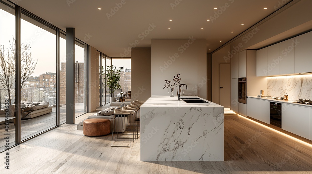 A contemporary minimalist kitchen with a white, marble island, seamless appliances, and minimal decor A contemporary minimalist kitchen with a white, marble island, seamless appliances, and minimal decor