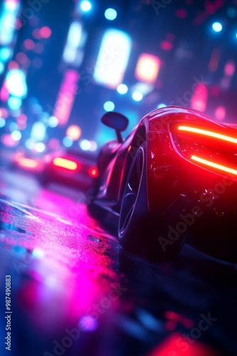 Sport car in neon-lit city with reflections on wet pavement. photo