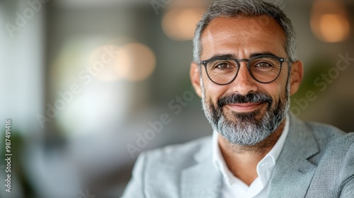 A warm and approachable man with glasses, dressed in a gray suit, smiles brightly in a blurred office setting, indicating friendliness and professionalism.