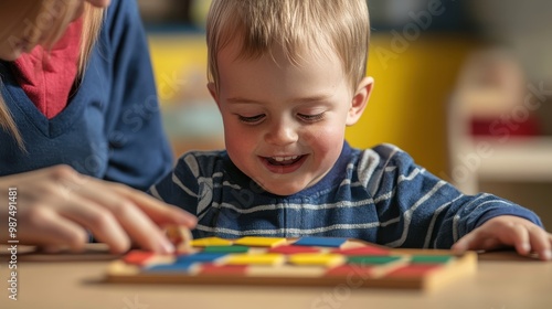 Child with Down Syndrome Playing with Colorful Blocks