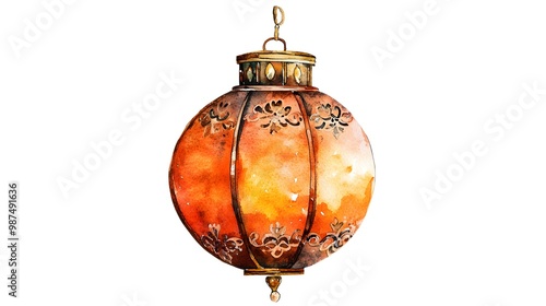 Bohemian Christmas lantern with detailed, intricate patterns, painted in watercolor. The lantern radiates warm hues like cinnamon, ochre, and bronze, and is isolated on a white background  photo