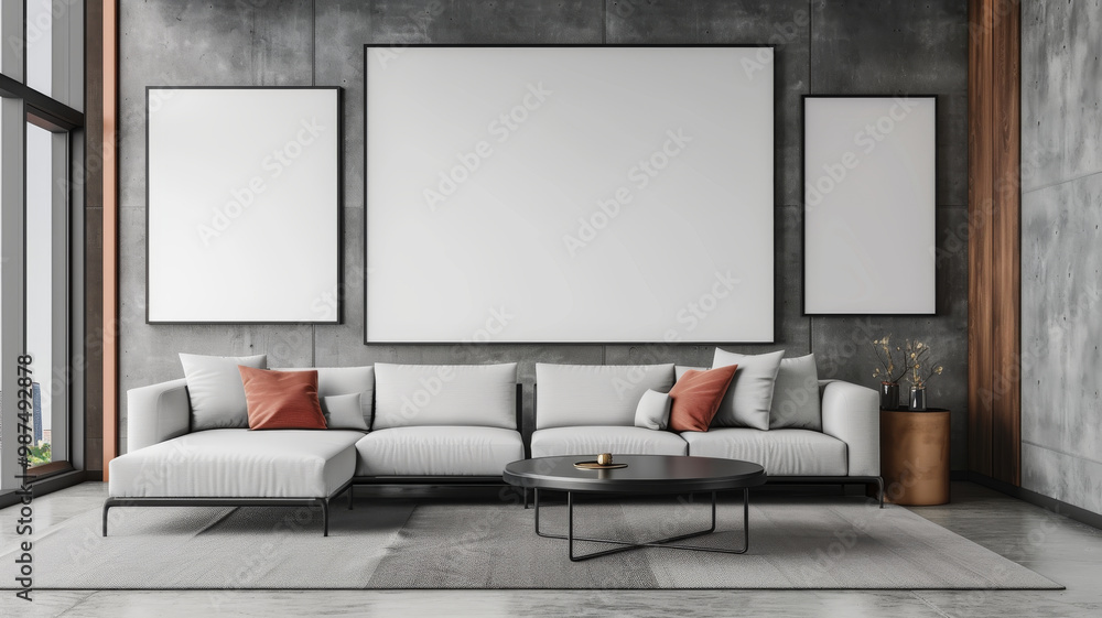 Fototapeta premium Modern living room mockup featuring sleek sectional sofa with decorative pillows, minimalist coffee table, and empty wall frames ready for artwork. space exudes contemporary and inviting atmosphere