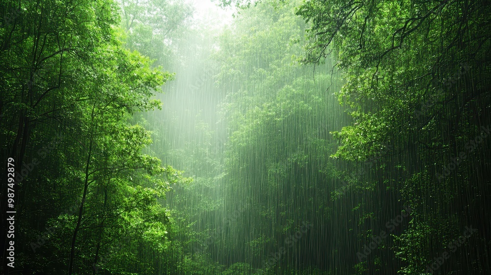 Obraz premium Lush Green Forest in Heavy Rainfall Creating a Serene and Mystical Atmosphere