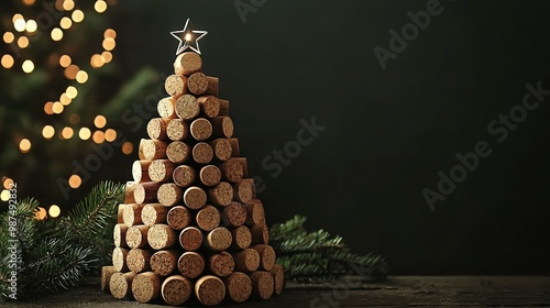   A Christmas tree crafted from wine corks with a star atop the summit of corks