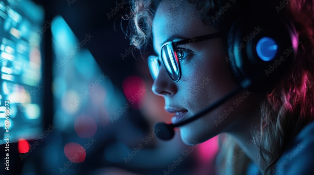 A gamer is deeply focused on a screen, equipped with headphones, in a darkened room filled with ambient blue and red lighting. The atmosphere is intense and immersive. A gamer is deeply focused on a screen, equipped with headphones, in a darkened room filled with ambient blue and red lighting. The atmosphere is intense and immersive.