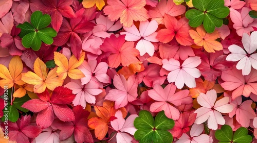 A close-up of maple leaves, clover leaves, and sakura flowers intertwined in a vibrant display of nature, high quality, sharp images, graphic, illustration