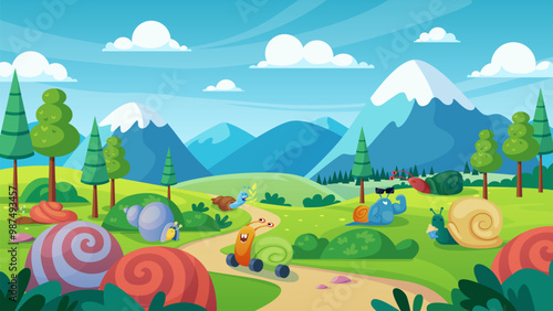 Summer mountain landscape with comic snails on road and meadow. Pastoral scene, cute slugs with shells and eyes on antennas crawl and roll on wheels, escargots eat plants cartoon vector illustration