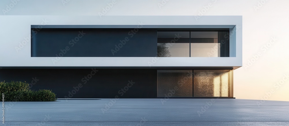 Modern Minimalist House with Sleek Architectural Design and Large Windows at Sunset Modern Minimalist House with Sleek Architectural Design and Large Windows at Sunset