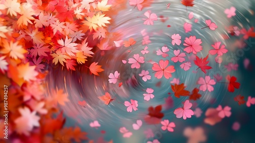 An abstract composition of maple leaves, clover leaves, and sakura petals in a swirling wind pattern, high quality, sharp images, graphic, illustration