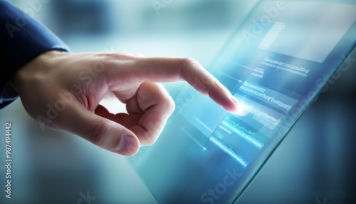 the human hand is typing something on the touch screen of the background