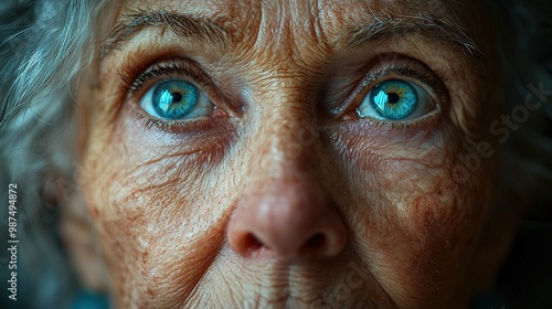  A detailed image of an elderly lady with distinct blue eyes and prominent freckles, staring directly at the lens