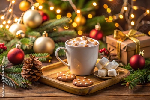 Cup of hot chocolate with marshmallow and cookies, christmas ornaments against stylish christmas tree with lights. 