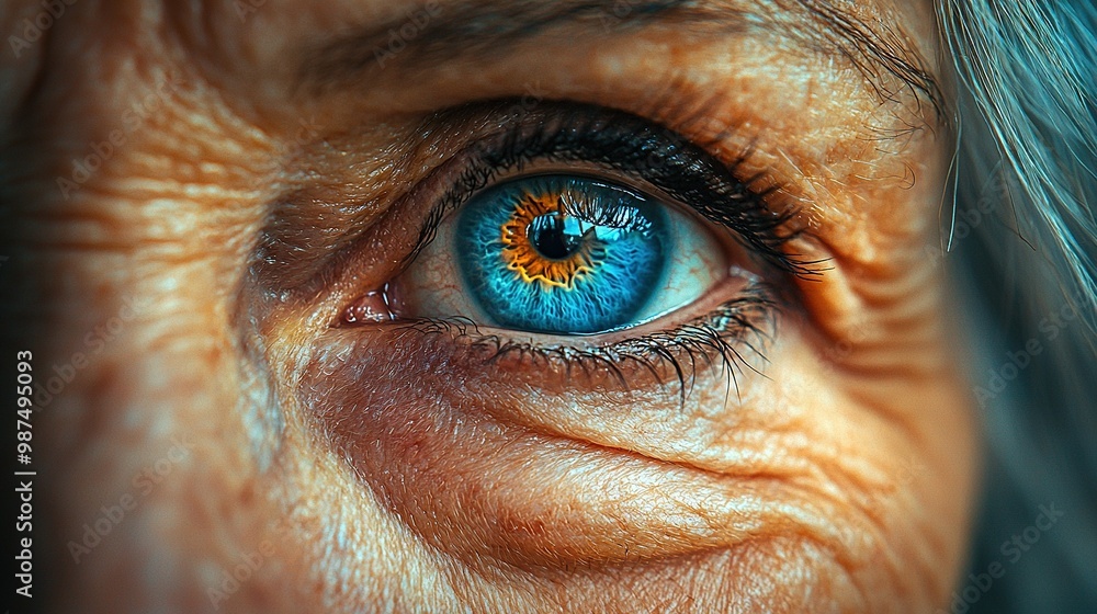 A close-up of a person's eye with a blue and yellow iris at its center is captured in the image A close-up of a person's eye with a blue and yellow iris at its center is captured in the image