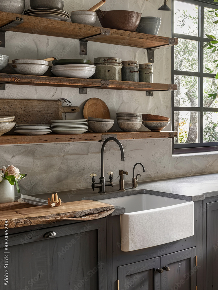 A modern farmhouse kitchen featuring shaker style cabinets, open shelving, and farmhouse sink. warm tones and natural materials create cozy and inviting atmosphere A modern farmhouse kitchen featuring shaker style cabinets, open shelving, and farmhouse sink. warm tones and natural materials create cozy and inviting atmosphere