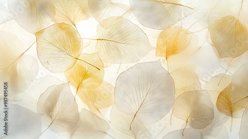   A close-up of colorful leaves on a white and yellow background, with a blurred image of the foliage