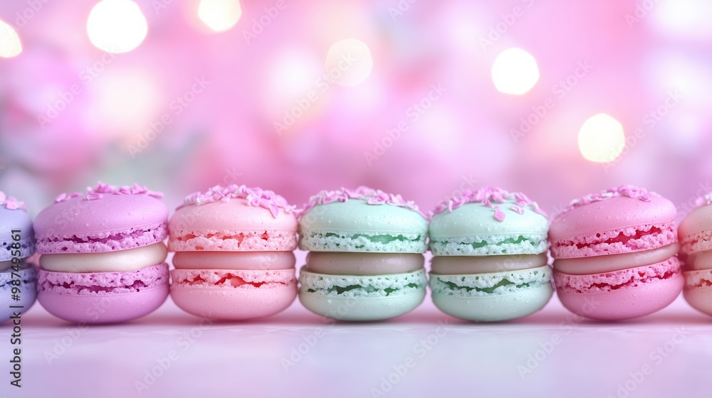 Pastel Macarons Lined Up with Soft Bokeh Lights in the Background Pastel Macarons Lined Up with Soft Bokeh Lights in the Background