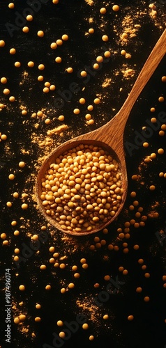 Wooden spoon filled with mustard seeds surrounded by scattered seeds on dark background. photo