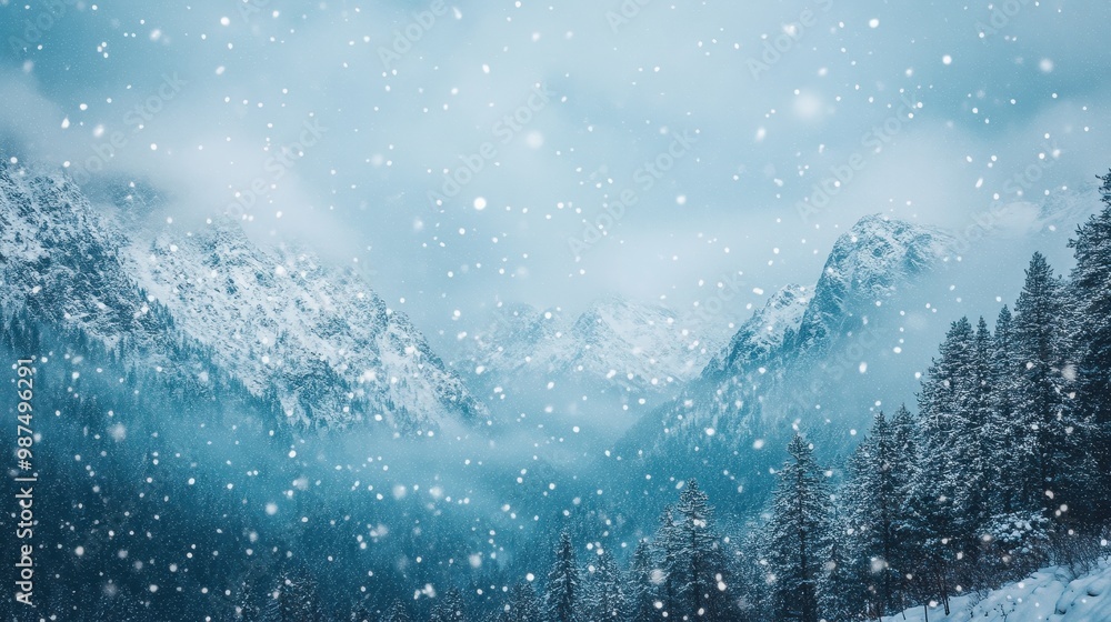 Snowy Mountain Landscape with Pine Trees and Falling Snowflakes in Winter Wonderland Snowy Mountain Landscape with Pine Trees and Falling Snowflakes in Winter Wonderland