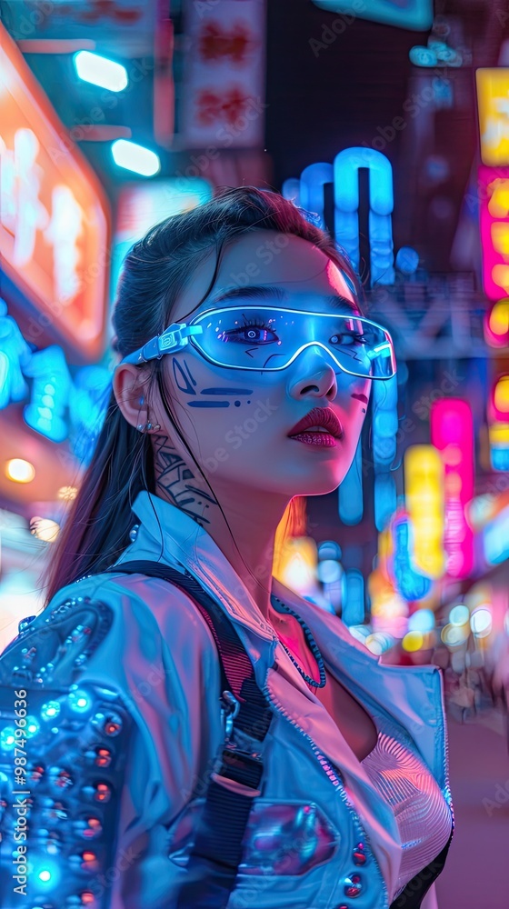 A stylish individual with neon glasses poses in a vibrant, illuminated urban setting. A stylish individual with neon glasses poses in a vibrant, illuminated urban setting.
