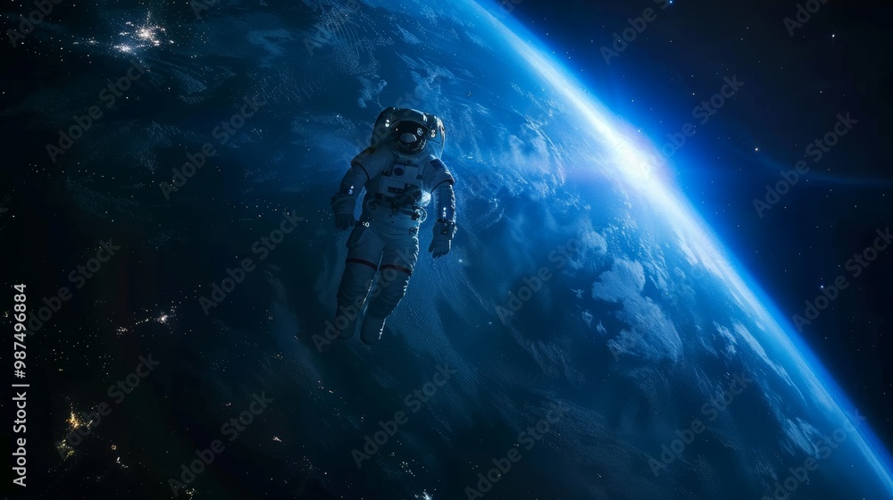 A realistic astronaut in solitary space, surrounded by a glowing blue planet and serene nebula A realistic astronaut in solitary space, surrounded by a glowing blue planet and serene nebula