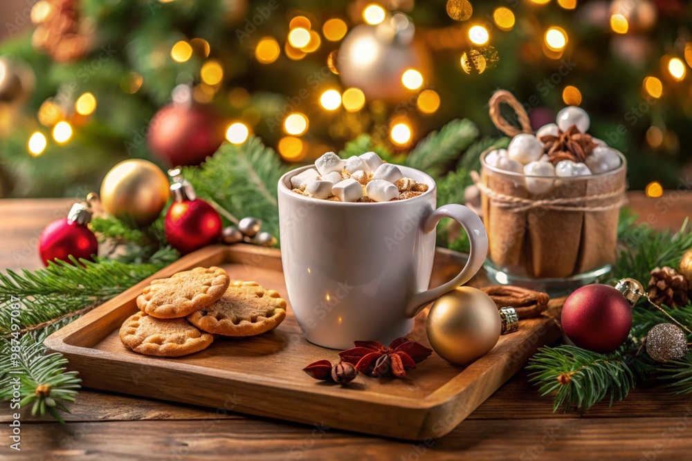 Cup of hot chocolate with marshmallow and cookies, christmas ornaments against stylish christmas tree with lights. Cup of hot chocolate with marshmallow and cookies, christmas ornaments against stylish christmas tree with lights.