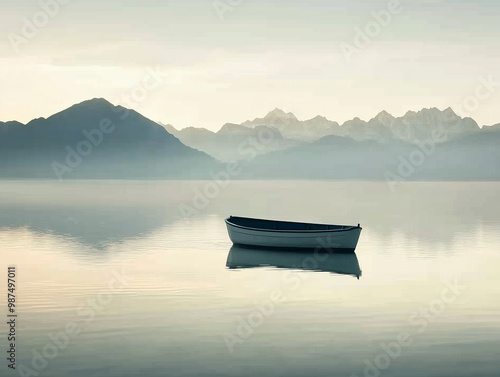 Solitary Boat on Misty Lake at Dawn, Serene and Tranquil Morning Scene with Soft Light