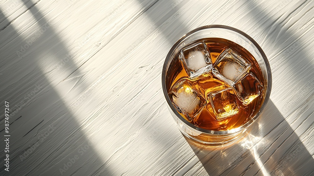 A glass of whiskey with ice on a white wooden table under sunlight A glass of whiskey with ice on a white wooden table under sunlight