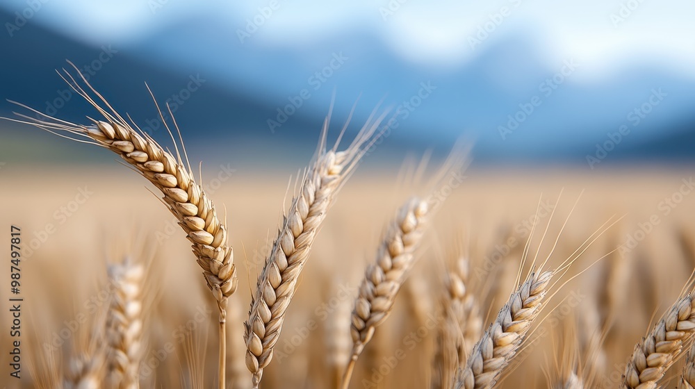 This high-definition image features golden wheat ears gently swaying in a vast field, with a backdrop of soft blue mountains, embodying the spirit of agricultural richness. This high-definition image features golden wheat ears gently swaying in a vast field, with a backdrop of soft blue mountains, embodying the spirit of agricultural richness.