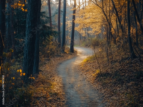 Sunlit Autumn Forest Path with Fallen Leaves and Soft Morning Light