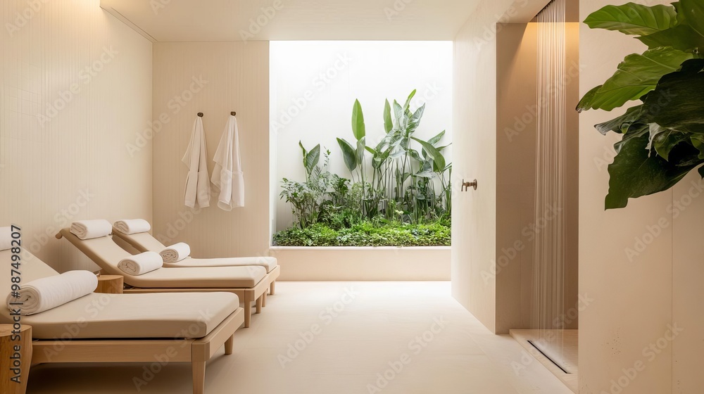 Elegant spa suite with an indoor garden, rainfall shower, and plush loungers Elegant spa suite with an indoor garden, rainfall shower, and plush loungers