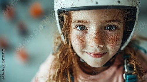 A freckled child with a helmet smiles eagerly, ready for an adventure, embodying the spirit of exploration and boundless enthusiasm for life's journeys.