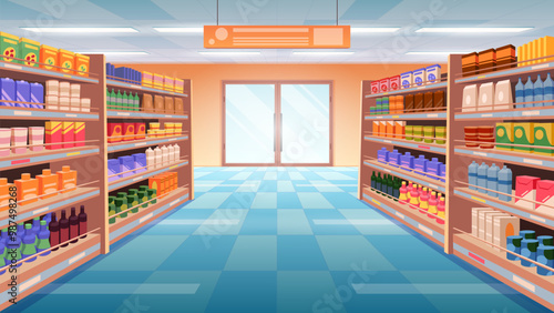 Cartoon vector illustration of modern supermarket perspective view interior with fully stocked shelves, showcasing various products and organized aisles. Represents retail shopping and consumer goods