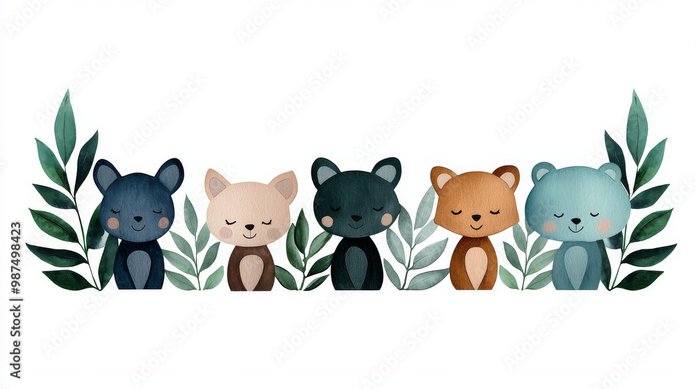 Naklejka premium Five cute animal illustrations with leafy branches.