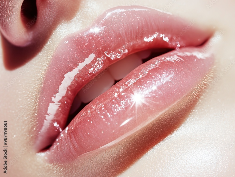 Alluring Close-up of Delicate Lips Enhanced with Sheer Lipgloss, Highlighting Beauty and Glamour in a Skincare Advertisement. Albino skin texture and makeup application perfection. Alluring Close-up of Delicate Lips Enhanced with Sheer Lipgloss, Highlighting Beauty and Glamour in a Skincare Advertisement. Albino skin texture and makeup application perfection.